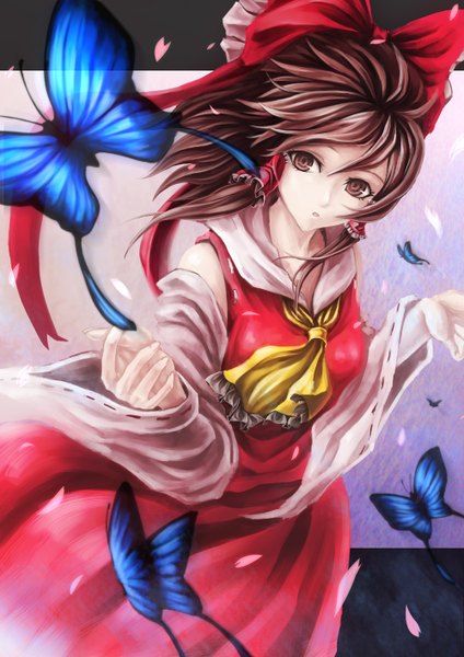 Anime picture 1000x1414 with touhou hakurei reimu long hair tall image fringe brown hair brown eyes looking away traditional clothes girl skirt hair ornament bow hair bow detached sleeves petals insect butterfly skirt set