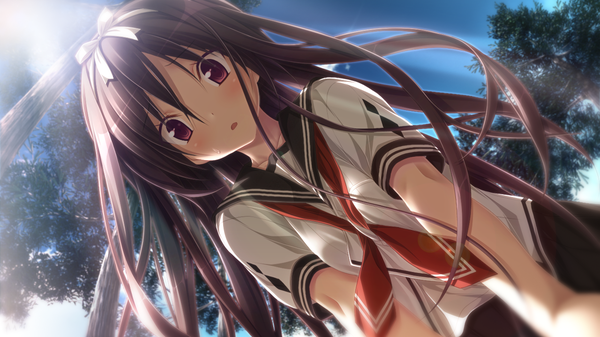 Anime picture 1280x720 with amatsutsumi purple software oribe kokoro single long hair looking at viewer blush open mouth black hair red eyes wide image game cg girl uniform bow plant (plants) hair bow school uniform tree (trees)
