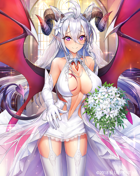 Anime picture 800x1000 with lost crusade square enix asmodeus (lost crusade) morichika shuuto single tall image looking at viewer blush fringe breasts light erotic smile hair between eyes large breasts standing purple eyes bare shoulders holding payot cleavage