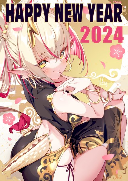 Anime picture 848x1200 with original hong (white spider) single long hair tall image fringe light erotic blonde hair hair between eyes yellow eyes ponytail tail nail polish looking back multicolored hair horn (horns) from above pointy ears streaked hair back