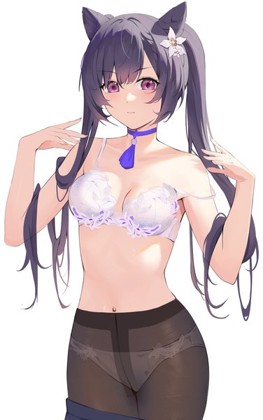 Anime picture 2200x3508 with genshin impact keqing (genshin impact) gin00 single long hair tall image looking at viewer blush fringe highres breasts light erotic simple background hair between eyes standing white background purple eyes twintails payot purple hair
