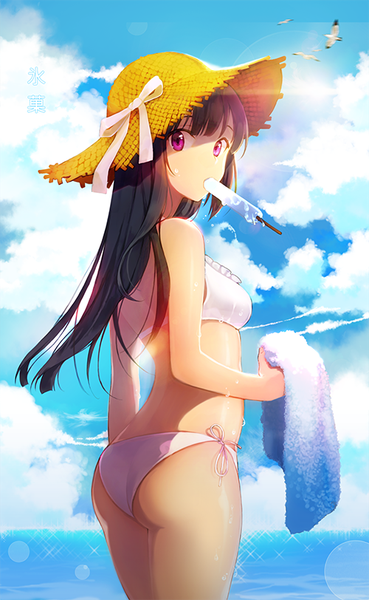 Anime picture 500x812 with original ice (ice aptx) single long hair tall image looking at viewer light erotic black hair purple eyes sky cloud (clouds) girl swimsuit hat bikini food sweets ice cream straw hat