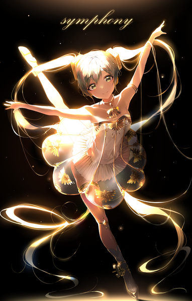 Anime picture 2314x3635 with vocaloid miku symphony (vocaloid) hatsune miku gramophone miku bara (03 bara ) single tall image looking at viewer highres simple background smile twintails green eyes silver hair very long hair black background spread arms ballerina ballet girl