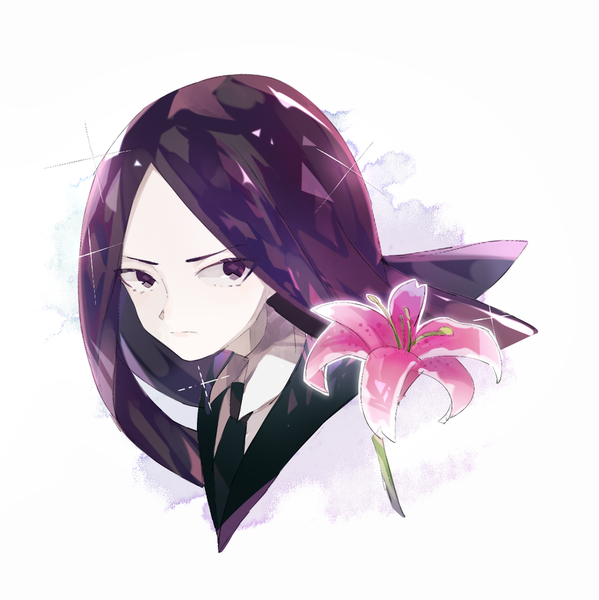Anime picture 900x902 with houseki no kuni bort captain yue single long hair tall image looking at viewer simple background white background purple hair black eyes sparkle portrait androgynous flower (flowers) lily (flower)
