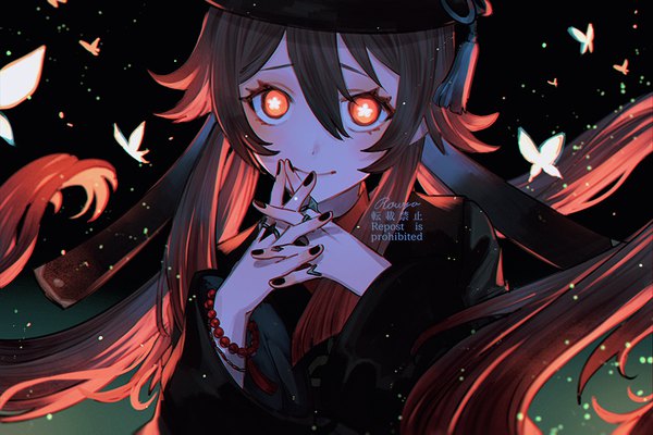 Anime picture 900x600 with genshin impact hu tao (genshin impact) rowya single long hair looking at viewer fringe hair between eyes red eyes brown hair upper body nail polish head tilt symbol-shaped pupils black nail polish interlocked fingers girl bracelet insect butterfly