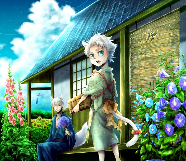 Anime picture 1150x1000 with bleach studio pierrot hitsugaya toushirou ichimaru gin sakumo short hair open mouth blue eyes blonde hair smile standing sitting animal ears cloud (clouds) white hair eyes closed traditional clothes japanese clothes cat ears multiple boys