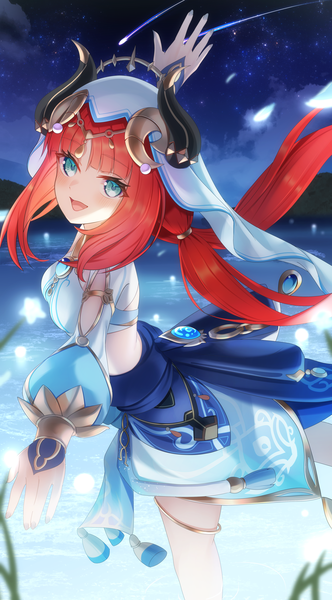 Anime picture 3209x5800 with genshin impact nilou (genshin impact) ewaaawa single long hair tall image looking at viewer blush fringe highres open mouth smile twintails absurdres cloud (clouds) red hair blunt bangs long sleeves nail polish :d