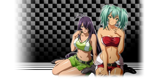 Anime picture 1280x700 with ikkitousen kanu unchou ryofu housen long hair fringe short hair breasts open mouth blue eyes light erotic smile wide image large breasts twintails multiple girls green eyes purple hair hair over one eye grey eyes short twintails