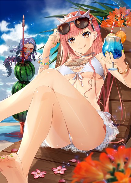 Anime picture 1200x1675 with fate (series) fate/grand order medb (fate) murakami yuichi long hair tall image looking at viewer blush fringe light erotic smile sitting multiple girls holding brown eyes sky cloud (clouds) bent knee (knees) nail polish barefoot