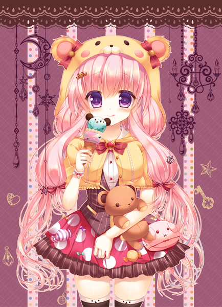Anime picture 1000x1380 with original suzunone rena single long hair tall image looking at viewer blush smile purple eyes pink hair girl dress bow hair bow food sweets toy stuffed animal ice cream teddy bear