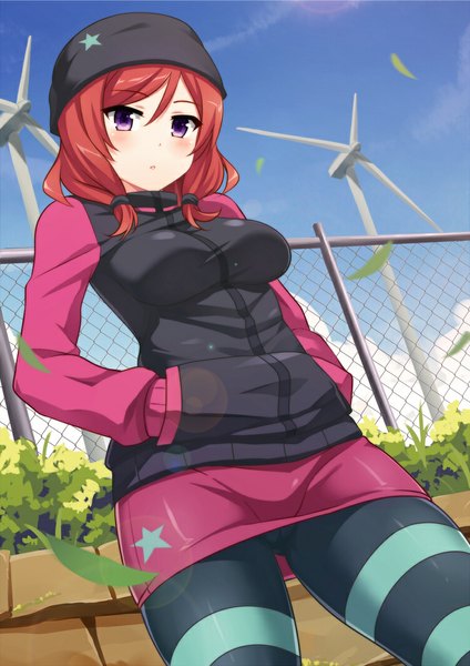 Anime-Bild 750x1060 mit love live! school idol project sunrise (studio) love live! nishikino maki mmrailgun single tall image looking at viewer blush short hair breasts standing purple eyes twintails sky cloud (clouds) red hair short twintails hands in pockets girl