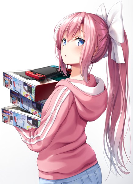 Anime picture 900x1239 with original nintendo superpig (wlstjqdla) single long hair tall image looking at viewer blush fringe open mouth blue eyes simple background hair between eyes standing white background payot pink hair ponytail looking back from behind