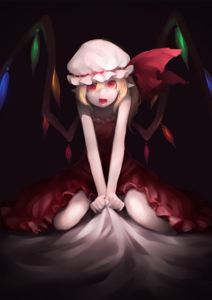 Anime picture 1414x2000 with touhou flandre scarlet junwool single tall image looking at viewer short hair open mouth simple background blonde hair red eyes sitting pointy ears black background girl dress wings bonnet