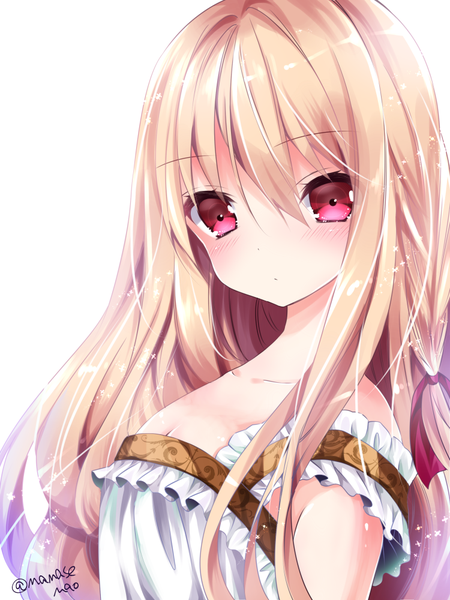 Anime picture 750x1000 with original nanase kureha nanase nao single long hair tall image blush fringe simple background blonde hair hair between eyes white background signed payot looking away upper body pink eyes shiny girl dress