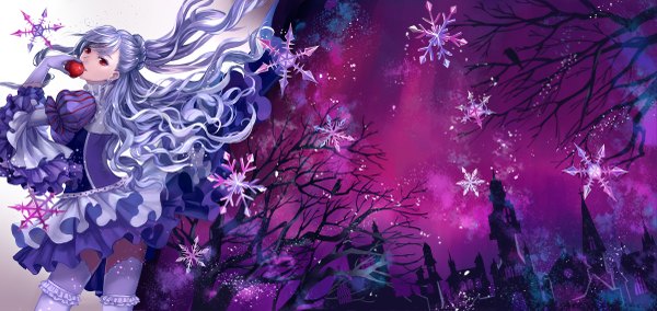 Anime picture 1200x569 with original monogo single long hair looking at viewer fringe red eyes wide image standing purple hair night sparkle night sky wavy hair girl thighhighs dress gloves plant (plants) animal