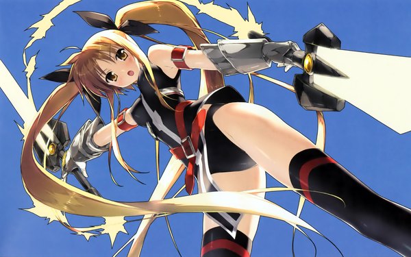Anime picture 1920x1200 with mahou shoujo lyrical nanoha 5 nenme no houkago (artbook) fate testarossa kantoku single long hair highres light erotic blonde hair wide image twintails girl thighhighs weapon sword belt armor
