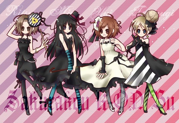 Anime picture 1190x820 with k-on! kyoto animation akiyama mio hirasawa yui kotobuki tsumugi tainaka ritsu kirishima yuuki long hair short hair black hair blonde hair brown hair multiple girls full body hair bun (hair buns) striped background don't say "lazy" girl dress hat