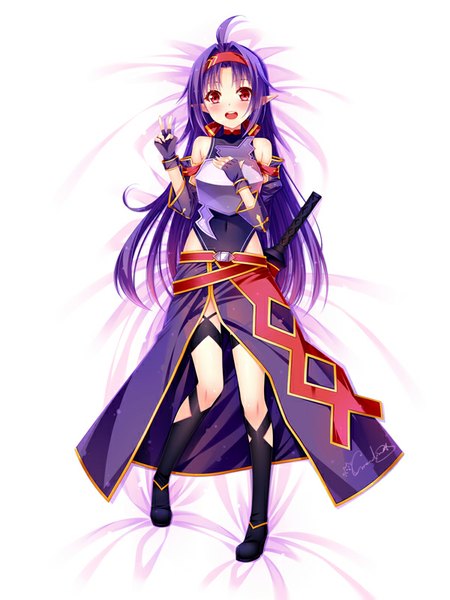 Anime picture 600x800 with sword art online a-1 pictures yuuki (sao) grandia bing single long hair tall image looking at viewer blush fringe open mouth red eyes white background signed purple hair full body ahoge lying pointy ears on back