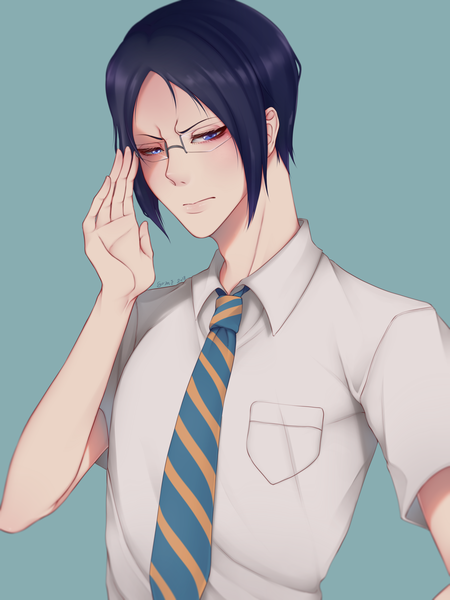 Anime picture 3000x4000 with bleach studio pierrot ishida uryuu pastel-puke single tall image looking at viewer highres short hair blue eyes black hair simple background signed upper body short sleeves portrait blue background frown adjusting glasses boy