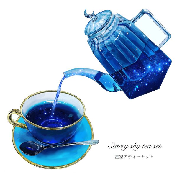 Anime picture 1200x1200 with original yasuta kaii32i simple background white background realistic text no people english transparent starry sky print pouring surreal space print still life cup drink glass teacup teapot spoon