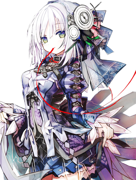Anime picture 880x1166 with clockwork planet ryuzu (clockwork planet) tagme (artist) shino (eefy) single long hair tall image looking at viewer fringe holding green eyes white hair light smile mouth hold transparent background pale skin girl hair ornament thread gears