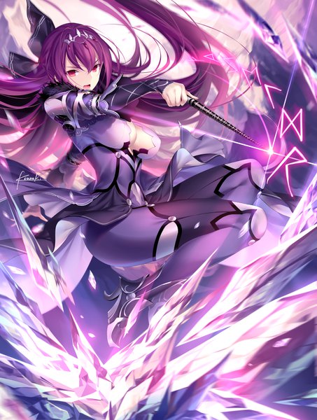 Anime picture 650x860 with fate (series) fate/grand order scathach (fate) (all) scathach skadi (fate) kousaki rui single long hair tall image looking at viewer fringe breasts open mouth light erotic hair between eyes red eyes large breasts holding signed cleavage purple hair