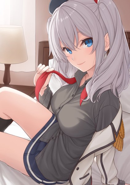 Anime picture 715x1014 with kantai collection kashima training cruiser nananichi single long hair tall image looking at viewer blush fringe breasts blue eyes smile hair between eyes twintails holding silver hair indoors nail polish head tilt pleated skirt