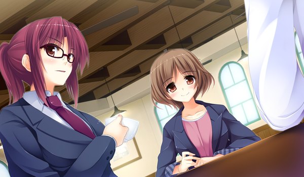 Anime picture 1024x600 with oshiete ecchi na recipe blush short hair smile red eyes brown hair wide image multiple girls game cg red hair girl 2 girls glasses