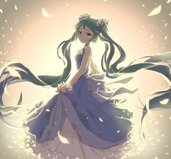 Anime picture 1200x1115 with vocaloid hatsune miku lengchan (fu626878068) single smile twintails bare shoulders green eyes looking away very long hair green hair tears turning head girl dress petals choker blue dress