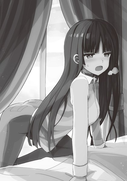 Anime picture 1075x1536 with campione! seishuuin ena sikorsky single long hair tall image blush fringe breasts open mouth light erotic payot bent knee (knees) ass indoors blunt bangs sunlight official art leaning leaning forward