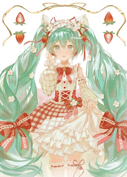 Anime picture 1438x2006 with vocaloid hatsune miku strawberry miku (morikura) wnmuwnmu single tall image looking at viewer fringe open mouth hair between eyes standing twintails signed very long hair :d hair flower aqua eyes aqua hair twitter username girl