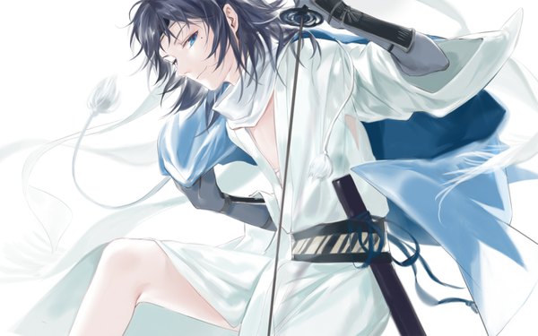 Anime picture 1440x900 with touken ranbu nitroplus yamato no kami yasusada qidai single looking at viewer short hair blue eyes black hair white background traditional clothes japanese clothes mole mole under eye kiwame (touken ranbu) boy weapon sword katana sheath