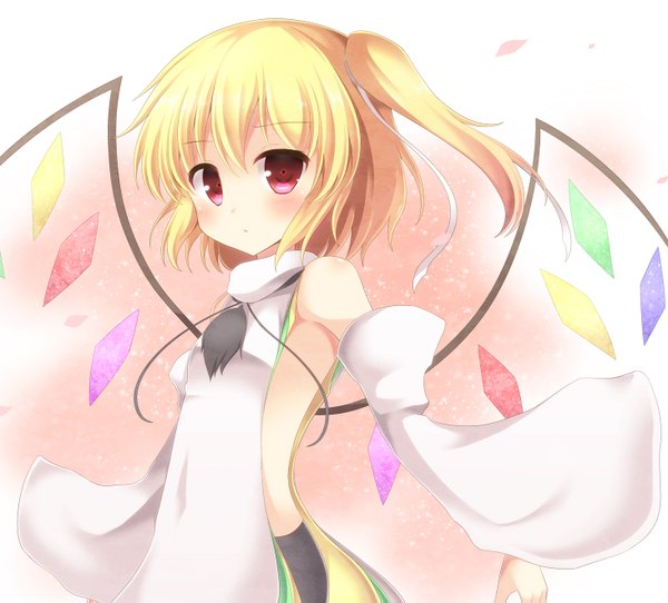 Anime picture 1464x1323 with touhou flandre scarlet mononobe no futo aibumi single looking at viewer short hair blonde hair red eyes bare shoulders one side up girl dress detached sleeves wings crystal
