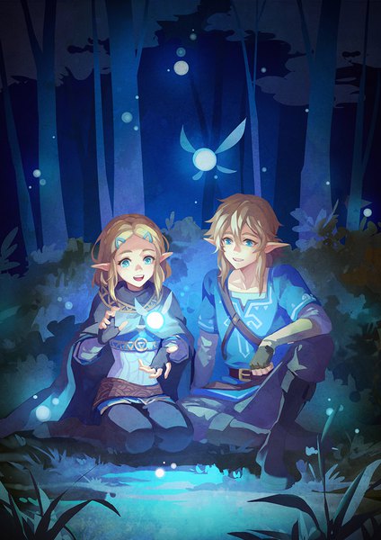 Anime picture 848x1200 with the legend of zelda the legend of zelda: breath of the wild nintendo princess zelda link palesnow tall image blush fringe short hair open mouth blue eyes blonde hair smile hair between eyes sitting full body bent knee (knees) outdoors braid (braids)