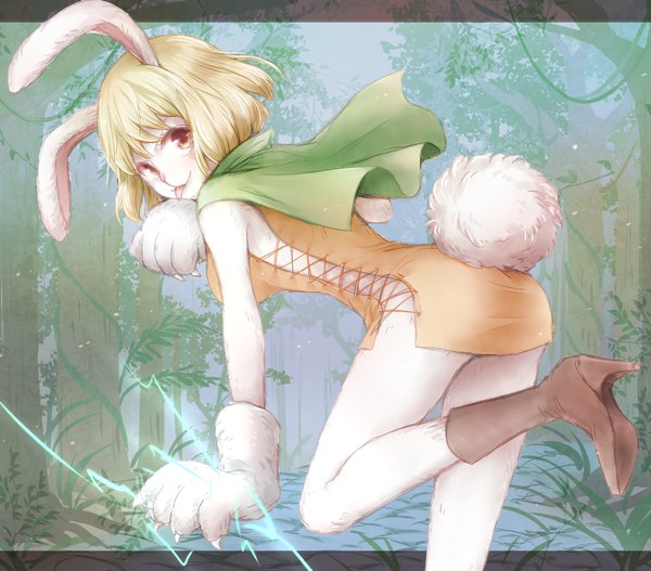 Anime picture 900x790 with one piece toei animation carrot (one piece) 0aoiurn0 single short hair light erotic blonde hair animal ears tail animal tail orange eyes bunny ears bunny girl bunny tail licking electricity girl dress gloves