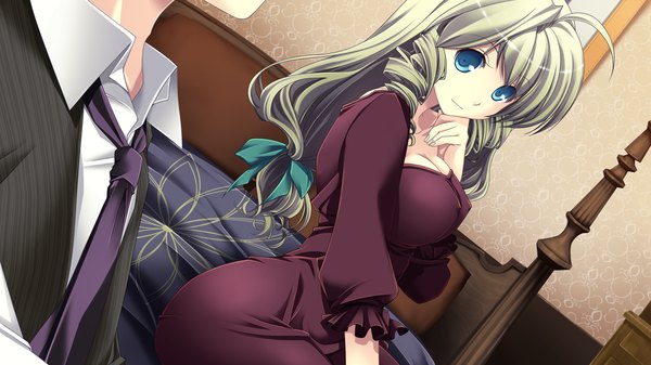 Anime picture 1280x720 with end sleep long hair blue eyes light erotic blonde hair wide image sitting game cg drill hair girl dress boy bow hair bow bed