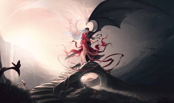 Anime picture 1920x1145 with aion sergey lesiuk (artist) long hair highres short hair black hair wide image standing signed silver hair wind sunlight inscription couple hug mountain landscape angel wings bat wings river