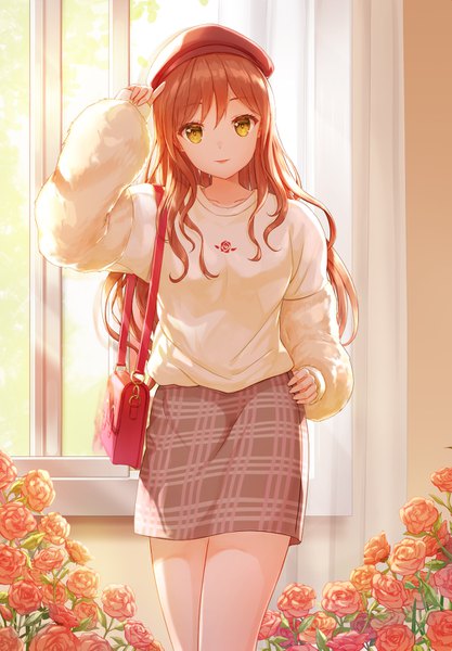 Anime picture 1008x1449 with bang dream! imai lisa lunacle single long hair tall image looking at viewer blush fringe smile hair between eyes brown hair standing yellow eyes long sleeves arm up fur trim hand on hip backlighting girl