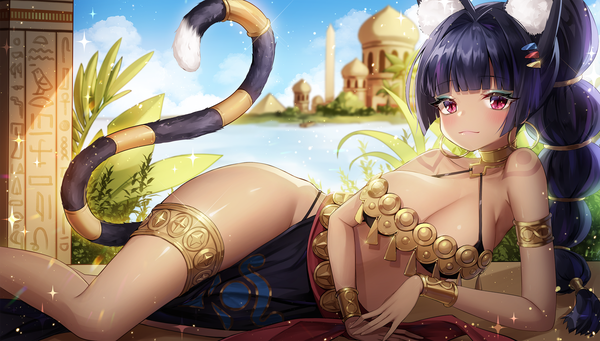 Anime picture 2800x1592 with epic seven rin (epic7) ango single long hair looking at viewer blush fringe highres breasts light erotic black hair wide image large breasts animal ears payot sky cleavage cloud (clouds) ponytail