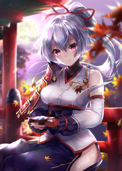 Anime picture 2221x3106 with fate (series) fate/grand order tomoe gozen (fate) hane yuki single long hair tall image looking at viewer fringe highres breasts smile hair between eyes red eyes sitting silver hair ponytail traditional clothes head tilt japanese clothes