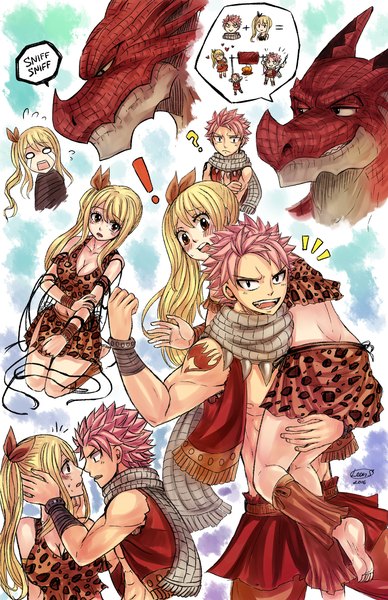 Anime picture 2168x3353 with fairy tail lucy heartfilia natsu dragneel igneel leonstar long hair tall image looking at viewer blush highres short hair breasts open mouth blonde hair smile holding brown eyes signed pink hair :d