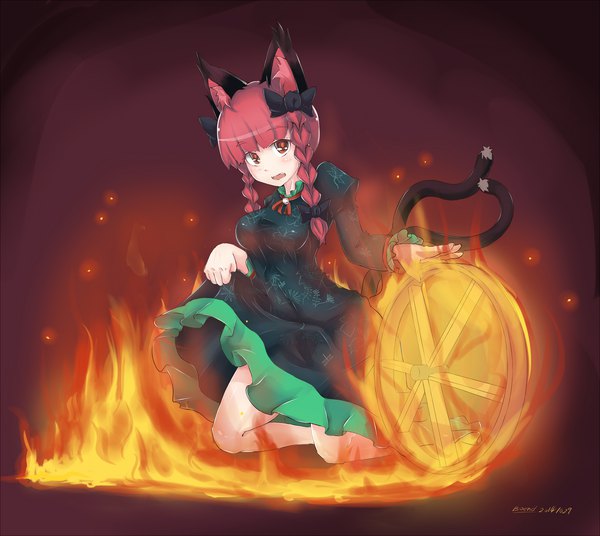 Anime picture 2000x1785 with touhou kaenbyou rin b.d single long hair looking at viewer fringe highres breasts open mouth red eyes signed animal ears red hair tail braid (braids) long sleeves animal tail cat ears cat girl