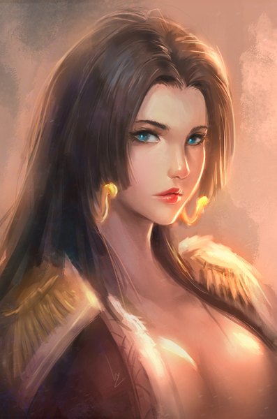Anime picture 795x1200 with one piece toei animation boa hancock chaosringen single long hair tall image looking at viewer breasts blue eyes light erotic brown hair large breasts realistic portrait close-up girl earrings