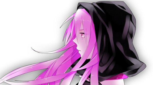 Anime picture 1500x844 with vocaloid unmei (vocaloid) gumi single long hair simple background wide image white background pink hair pink eyes girl hood