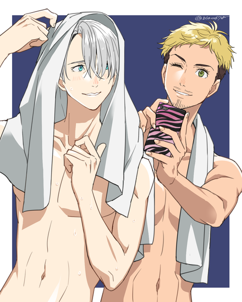 Anime picture 1080x1346 with yuri!!! on ice mappa viktor nikiforov christophe giacometti natsuko (bluecandy) tall image blush fringe short hair blue eyes light erotic simple background blonde hair smile green eyes looking away silver hair one eye closed multicolored hair wink