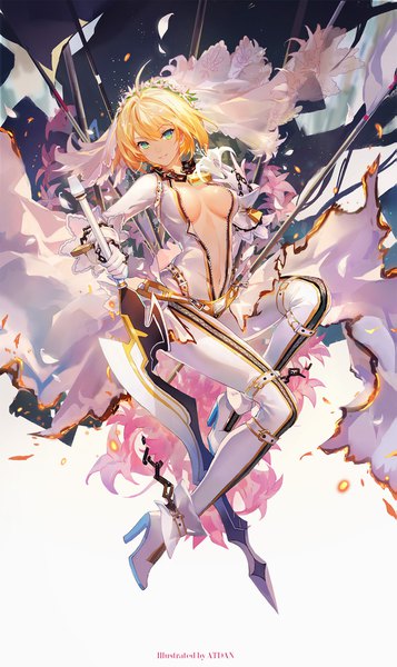 Anime picture 1191x2000 with fate (series) fate/extra fate/extra ccc nero claudius (fate) (all) nero claudius (bride) (fate) atdan single tall image looking at viewer short hair breasts light erotic blonde hair green eyes girl gloves navel flower (flowers) weapon sword