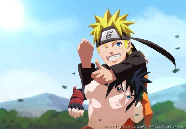 Anime picture 1200x836 with naruto studio pierrot naruto (series) uzumaki naruto menma (naruto) themnaxs short hair blue eyes blonde hair smile sky cloud (clouds) one eye closed wink sunlight grin coloring facial mark mountain muscle