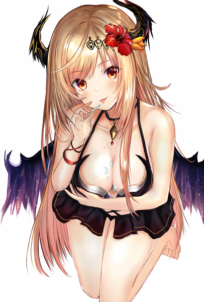 Anime picture 2118x3126 with shingeki no bahamut dark angel olivia efuri (riarea00) single long hair tall image looking at viewer blush fringe highres breasts light erotic blonde hair large breasts bare shoulders holding brown eyes payot cleavage head tilt