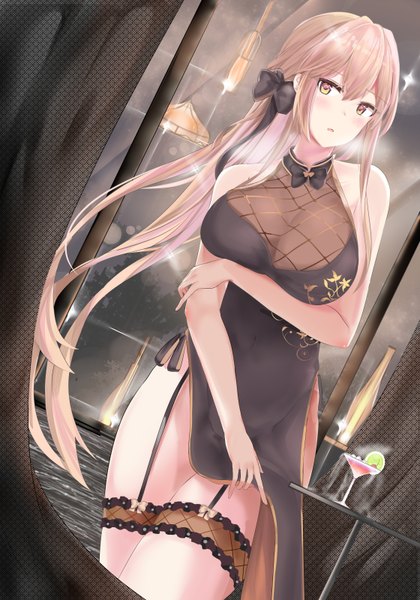 Anime picture 1120x1600 with girls frontline ots-14 (girls frontline) ots-14 (sangria succulent) (girls' frontline) ru zhai single long hair tall image looking at viewer blush fringe breasts light erotic blonde hair hair between eyes standing bare shoulders indoors traditional clothes multicolored hair night