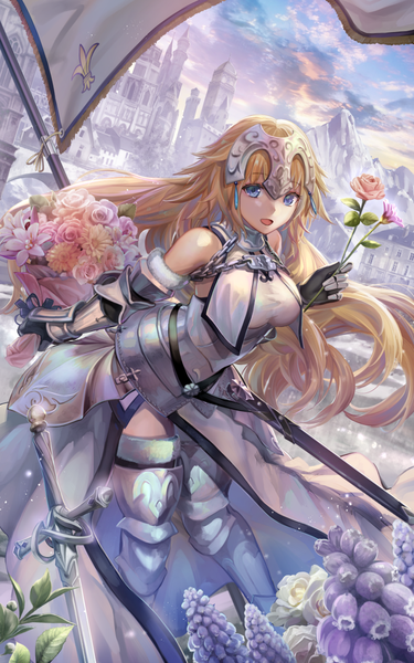 Anime picture 800x1280 with fate (series) fate/apocrypha jeanne d'arc (fate) (all) jeanne d'arc (fate) torino aqua single long hair tall image looking at viewer breasts open mouth blonde hair large breasts bare shoulders holding sky cloud (clouds) braid (braids) :d aqua eyes